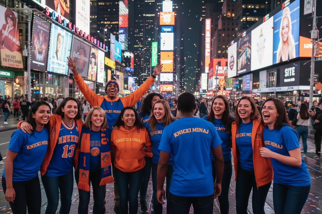Mixed group of fans in Times Square wearing Knicki Minaj tees